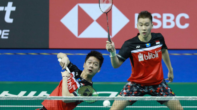 Marcus Fernaldi Gideon/Kevin Sanjaya Sukamuljo di babak pertama Singapura Terbuka 2019. Foto: Dok. PBSI