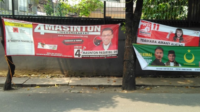 Alat Peraga Kampanye yang terpasang di pohon daerah Pasar Minggu, Jakarta Selatan. Foto: Faisal Rahman/kumparan