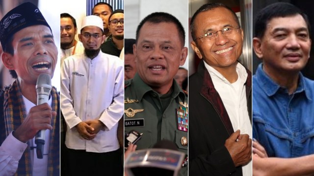 Ustaz Abdul Somad, Ustaz Adi Hidayat, Gatot Nurmantyo, Dahlan Iskan, dan Sjafrie Sjamsoeddin. Foto: kumparan, Instagram/@ustadzadihidayat, Reuters, Munady, Twitter/@sjafriesjams