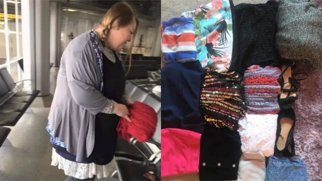 Natalie Wynn, penumpang pesawat asal Inggris yang mengenakan pakaian seberat 4 kilogram demi hindari biaya bagasi (Foto: kolase 9gag)