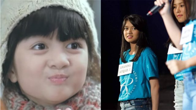 Afiqah, mantan bintang iklan cilik, kini lolos menjadi member akademi JKT48 Generasi 8. (Foto: kolase YouTube dan Twitter @Posyandu48)