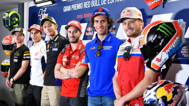Para pebalap saat konferensi pers jelang MotoGP Spanyol 2019 di Sirkuit Jerez. Foto: twitter/motogp