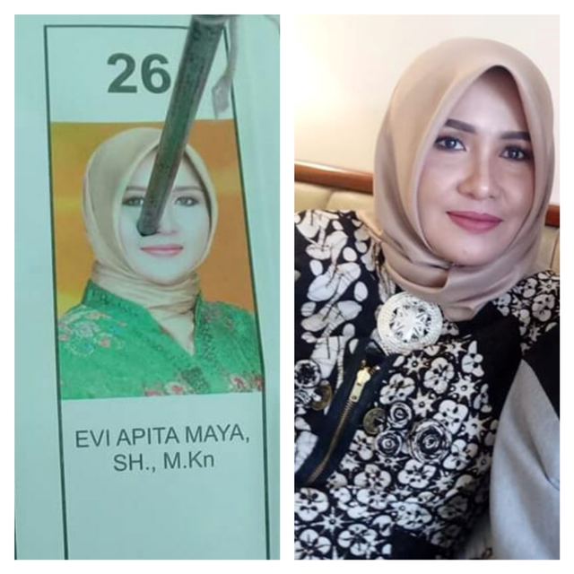 Gabungan foto Evi Apita Maya dari foto di surat suara dengan foto terbaru yang ditandai oleh salah satu teman Facebook-nya. Foto: Tim Info Dompu