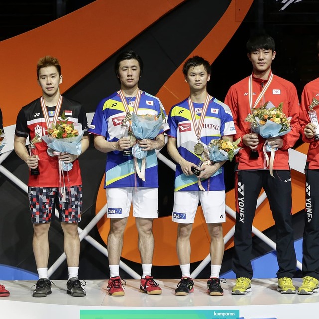 Marcus Fernaldi Gideon/Kevin Sanjaya Sukamuljo kalah di final Badminton Asia Championships 2019. Foto: STR/AFP