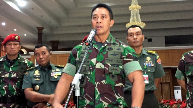 Kepala Staf Angkatan Darat, Jenderal TNI Andika Perkasa saat konferensi pers di Balai Komando Kopassus, Cijantung, Jakarta Timur. Foto: Andesta Herli Wijaya/ kumparan