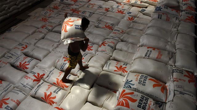 Pekerja mengangkat beras di Gudang Bulog. Foto: ANTARA FOTO/Yusran Uccang