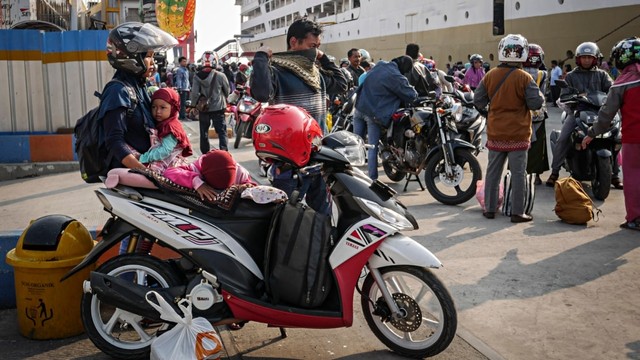 Pemudik yang menggunakan KM Dobonsolo bersiap melanjutkan perjalanan setibanya di Pelabuhan Penumpang Tanjung Priok, Jakarta, Minggu (9/6). Foto: ANTARA FOTO/Dhemas Reviyanto