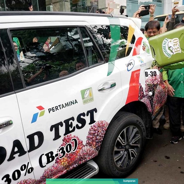 Menteri ESDM Ignasius Jonan saat mengisi bahan bakar Biodiesel B30 pada mobil bermesin diesel di Kementerian ESDM, Kamis (13/6). Foto: Jamal Ramadhan/kumparan
