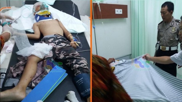 Pengendara dan pembonceng sepeda motor Honda Scoopy nomor polisi K 6928 SY, yang terlibat kecelakaan di jalan raya jurusan Bojonegoro - Ngawi turut wilayah Desa Purworejo Kecamatan Padangan Bojonegoro, saat dalam perawaan di RSUD Padangan. Kamis (13/06/2019)