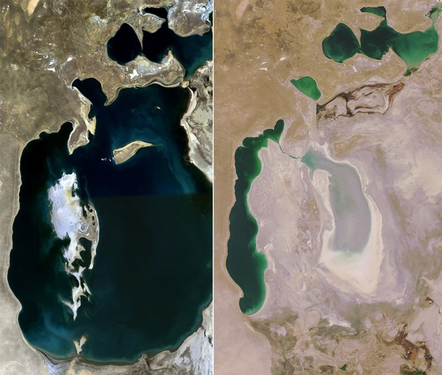 Laut Aral pada tahun 1989 (kiri) dan 2014 (kanan). Sumber: Wikimedia Commons