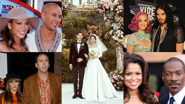 Selebriti dunia yang menikah dalam waktu kurang dari dua tahun. Foto: AFP/STAN HONDA, AFP/LIONEL HAHN, AFP/GABRIEL BOUYS, Frederic J. Brown/ AFP, Blossom Entertainment.