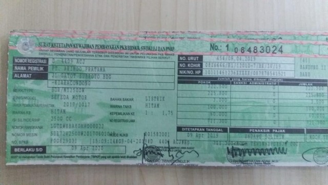 STNK Motor Listrik SDR yang digunakan Gubernur Jawa Barat Ridwan Kamil. Foto: Istimewa