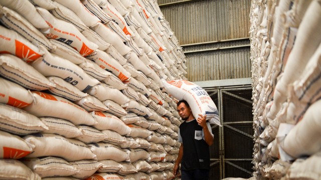 Pekerja memanggul karung beras Bulog di Gudang Bulog Kelapa Gading, Jakarta. Foto: ANTARA FOTO/Nova Wahyudi