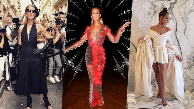 Gaya ikonis Celine Dion saat menghadiri Paris Couture Fashion Week 2019. Foto: dok. @p.e.p.e.munoz, @irisvanherpen, @celinedion