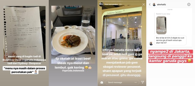 Kolase instastory Rius Vernandes terkait catatan menu makanan Garuda Indonesia yang ditulis tangan Foto: Instagram/@rius.vernandes