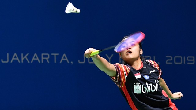 Pebulutangkis Indonesia Gregoria Mariska saat pertandingan Blibli Indonesia Open 2019 di Istora Senayan, Selasa (16/7). Foto: ANTARA FOTO/Sigid Kurniawan