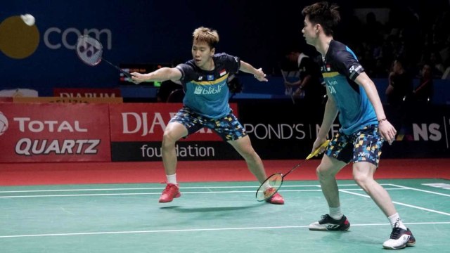 Marcus Fernaldi Gideon/Kevin Sanjaya Sukamuljo saat pertandingan Blibli Indonesia Open 2019 di Istora Senayan, Selasa (16/7/2019). Foto: Irfan Adi Saputra/kumparan