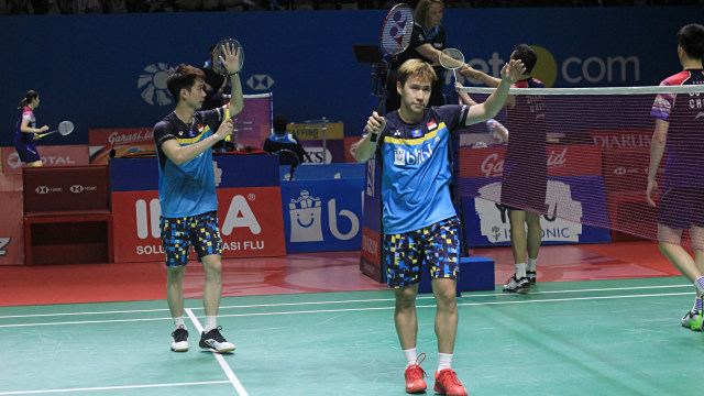 Marcus Fernaldi Gideon dan Kevin Sanjaya Sukamuljo saat pertandingan Blibli Indonesia Open 2019 di Istora Senayan, Jumat (19/7). Foto: Irfan Adi Saputra/kumparan