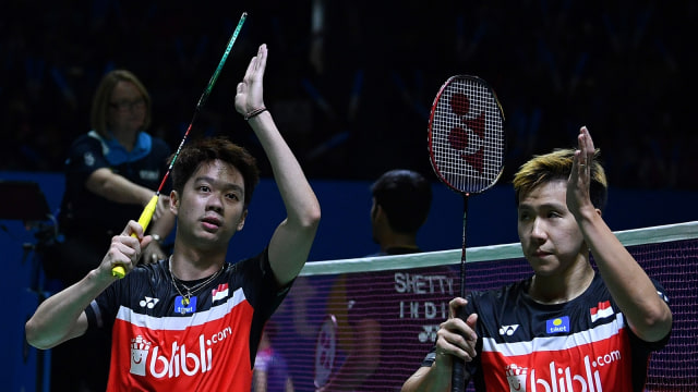 Marcus Gideon dan Kevin Sanjaya di Indonesia Open 2019. Foto: ANTARA/Sigid Kurniawan