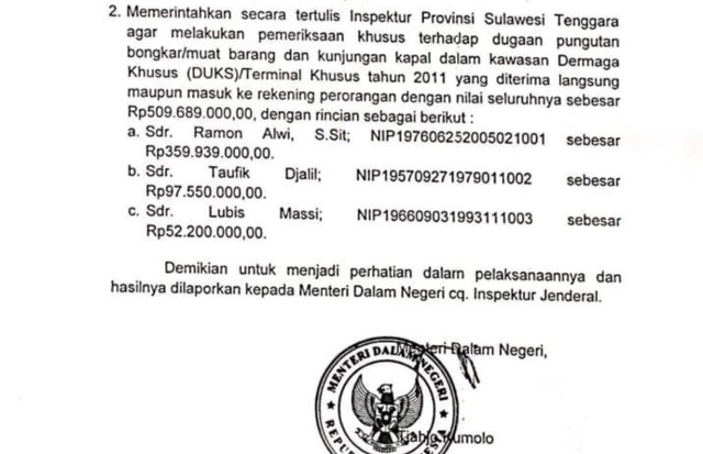 Surat Mendagri yang menyebut 3 oknum ASN Pemda Kolaka menerima duit diduga pungutan, Foto: tangkapan layar/kendarinesia).