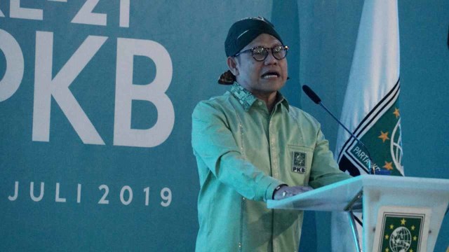 Ketum PKB Muhaimin Iskandar alias Cak Imin saat beri sambutan di Harlah ke-21 PKB. Foto: Helmi Afandi/kumparan