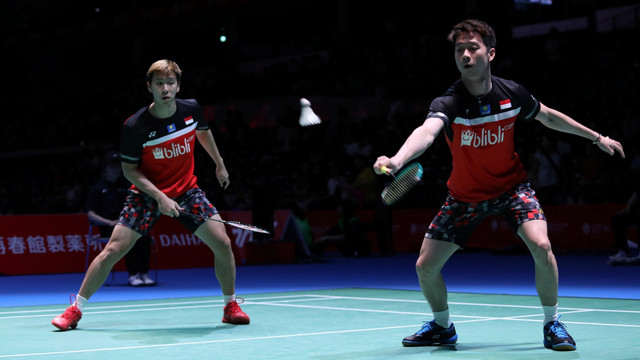 Marcus Fernaldi Gideon/Kevin Sanjaya Sukamuljo, di Jepang Terbuka 2019. Foto: Dok. PBSI