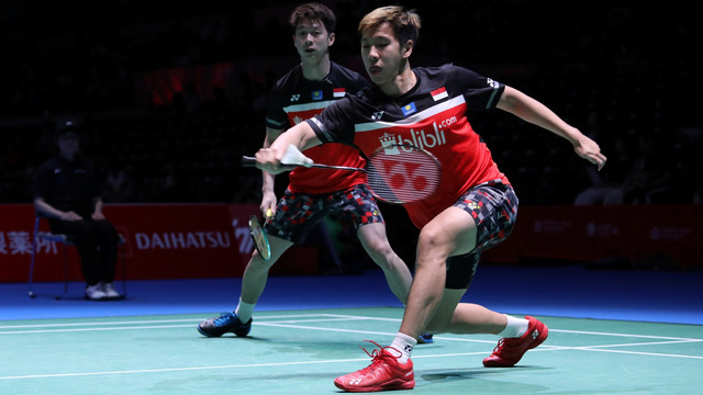 Marcus Fernaldi Gideon/Kevin Sanjaya Sukamuljo, di Jepang Terbuka 2019. Foto: Dok. PBSI