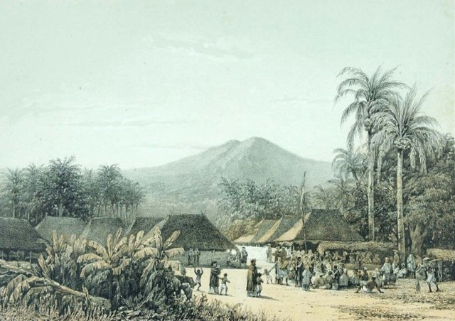 Pesta desa dengan Gunung Arjuna sebagai latar belakang di tahun 1865-1872 (lukisan oleh Abraham Salm (pelukis). Sumber: Wikimedia Commons