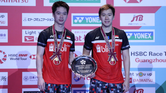 Marcus Fernaldi Gideon/Kevin Sanjaya Sukamuljo hattrick gelar juara di Jepang Terbuka. Foto: Dok. PBSI