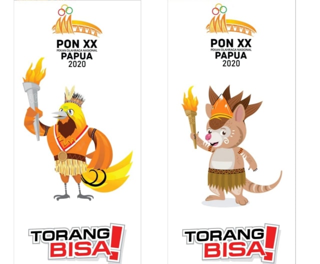 Maskot dan logo PON 2020 yang telah diresmikan oleh Pemerintah Provinsi Papua. 