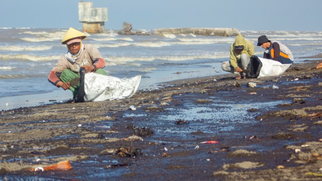 Warga mengumpulkan tumpahan minyak di Pantai Cemarajaya, Karawang. Foto: ANTARA/M Ibnu Chazar