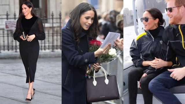Tampilan fashionable Meghan Markle mengenakan gaun Givenchy, tas Starthberry, dan kacamata hitam dari Krewe. Foto: Dok. Mrs Meghan Markle, JEREMY SELWYN/ POOL/ AFP, Instagram @mrsmeghanmarkle