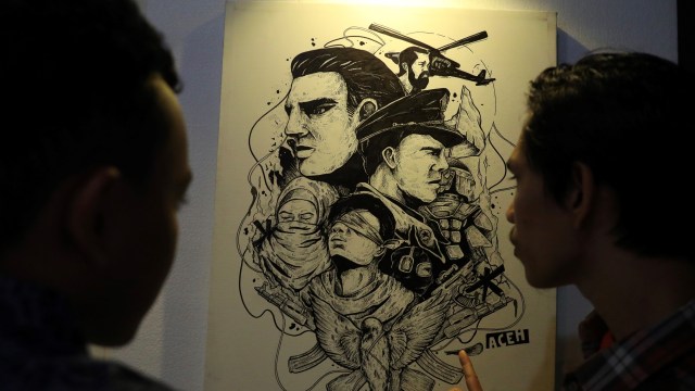 Lukisan Fariz tentang kisah konflik dalam pameran di Museum Tsunami. Foto: Suparta/acehkini