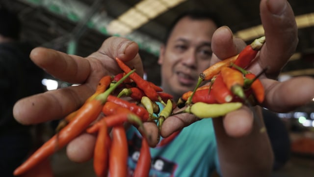 Pedagang menunnjukan cabai rawit di Pasar Induk Kramat Jati. Foto: Jamal Ramadhan/kumparan