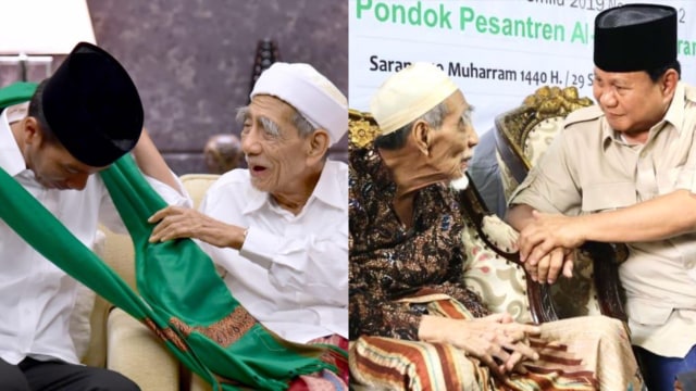 Joko Widodo dan Prabowo Subianto bersama Mbah Moen. Foto: Twitter/@jokowi dan @prabowo