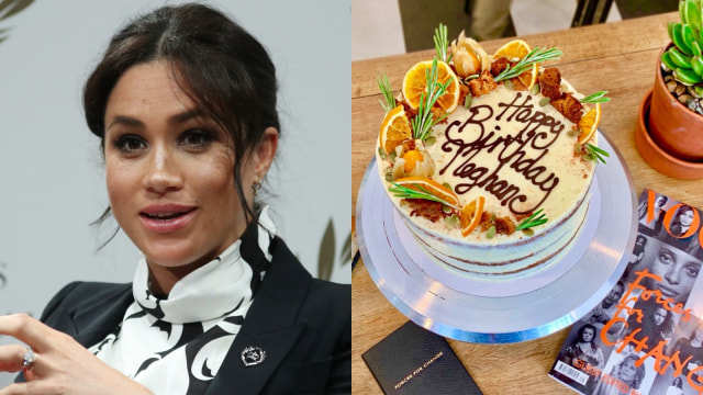 Makna kue ulang tahun Meghan Markle. Foto: AFP/DANIEL LEAL-OLIVAS, Twitter