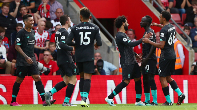 Para pemain Liverpool merayakan gol Sadio Mane ke gawang Southampton. Foto: REUTERS/Hannah McKay