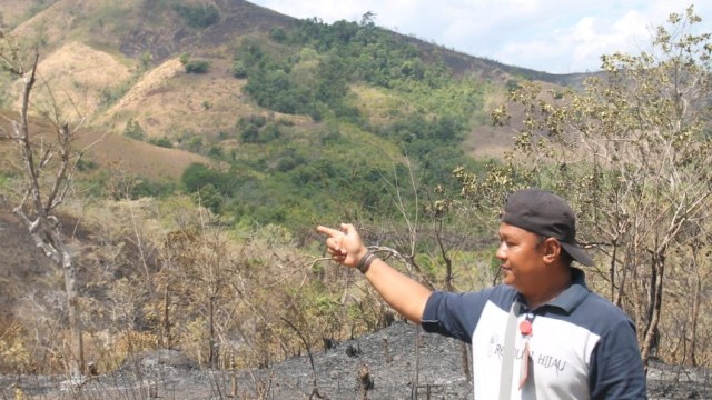 Petugas menunjukkan lokasi kebakaran lahan pada perbukitan Tahura Sultan Adan, Mandiangin, Kabupaten Banjar. Foto: istimewa