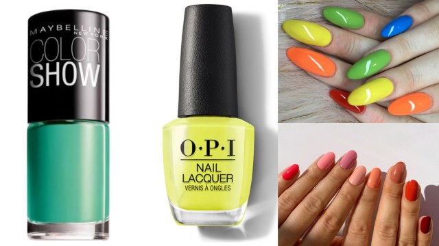 Rekomendasi kutek warna cerah dan inspirasi look skittles nail art. Foto: dook. Maybelline, OPI, @coldaghmcgough @jessicawashick