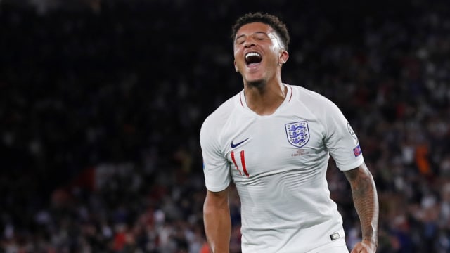 Jadon Sancho merayakan gol ke gawang Kosovo. Foto: Reuters/David Klein