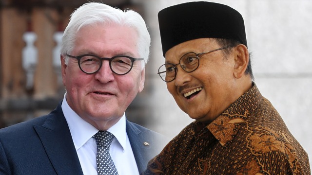 Presiden Jerman Frank-Walter Steinmeier dan Presiden ke-3 Indonesia BJ Habibie. Foto: AFP/CHRISTOF STACHE dan REUTERS/Garry Lotulung