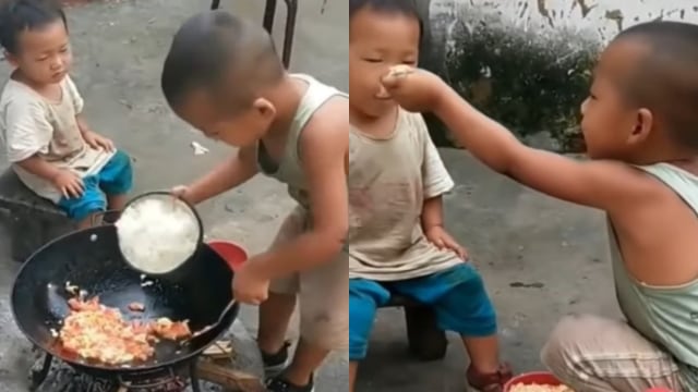 Bocah asal Tiongkok ini curi perhatian setelah memasakkan nasi goreng untuk adik kecilnya. Foto: YouTube/PILAR VILAR