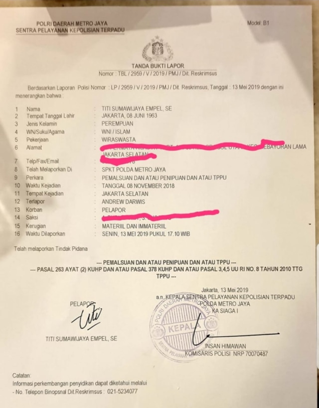 Surat laporan Andrew Darwis. Foto: Dok. Istimewa