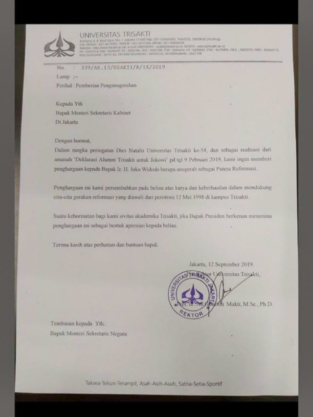 Surat Pemberian Anugerah Jokowi Putera Reformasi dari Trisakti. Foto: Dok. Istimewa