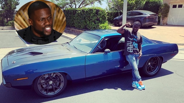 Kevin Hart dan mobilnya sebelum kecelakaan. Foto: AFP/ Mark Ralston dan Instagram/ kevinhart4real