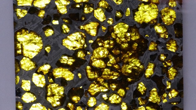 Foto: Meteorit Fukang yang indah berjenis pallasite yang berupa kristal emas tembus cahaya