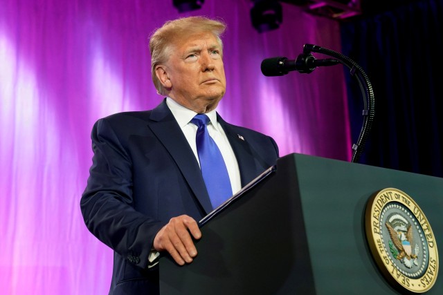 Presiden AS Donald Trump berpidato di Washington, AS, Sabtu, (12/10/2019). Foto: REUTERS/Yuri Gripas