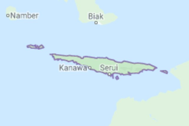 Peta Kabupaten Kepulauan Yapen yang terletak di Teluk Cenderawasih, Provinsi Papua. (Google)