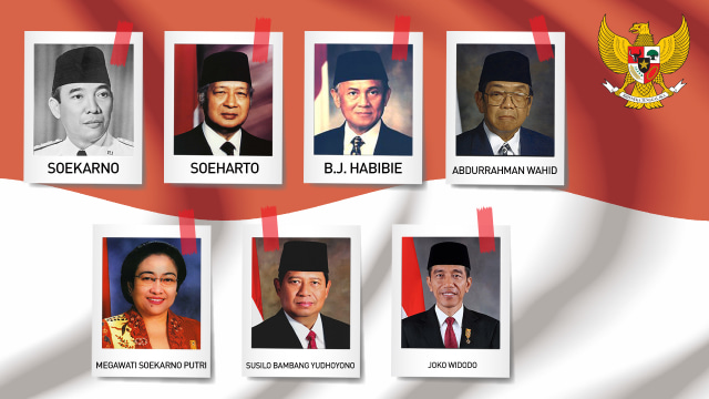 Tujuh presiden Indonesia. Desain: Edi IP | Foto: wikipedia commons dan setkab