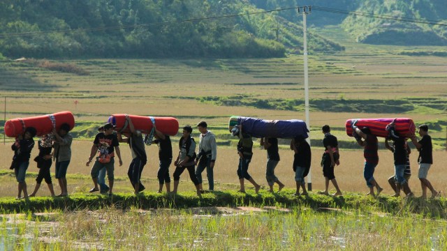 Sejumlah warga mengarak jenazah melewati pematang sawah menuju tenda di Nosu, Mamasa, Sulawesi Barat. Foto: ANTARA FOTO/Akbar Tado